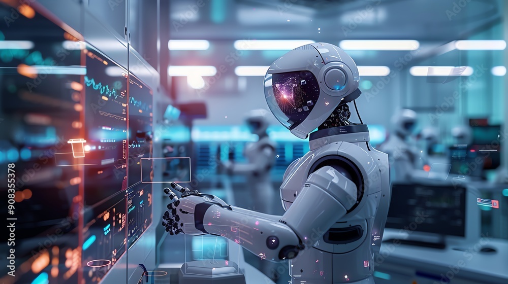 Futuristic robot interacting with advanced technology in a modern lab, showcasing AI and automation in a high-tech environment. Futuristic robot interacting with advanced technology in a modern lab, showcasing AI and automation in a high-tech environment.