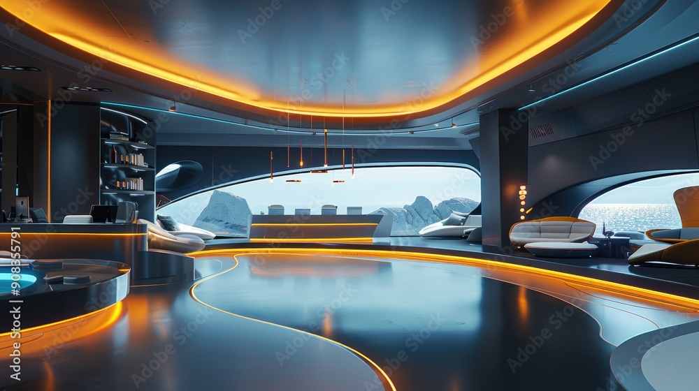 Office environment with futuristic décor and tech integration Office environment with futuristic décor and tech integration