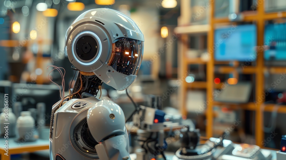 Futuristic robot in a modern lab setting, showcasing advanced technology and innovation in artificial intelligence. Futuristic robot in a modern lab setting, showcasing advanced technology and innovation in artificial intelligence.