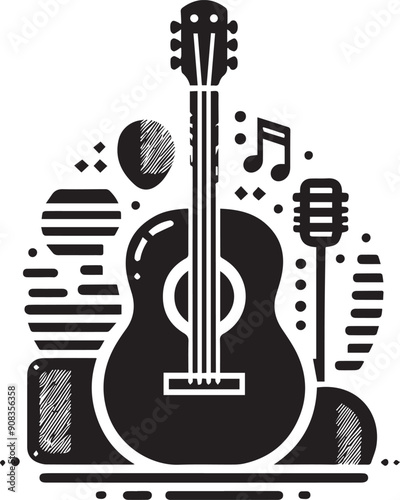 Black blues guitar icon, Simple illustration of black blues guitar vector icon logo isolated on white background, Guitar icon. Acoustic guitar silhouette. Vector, 
