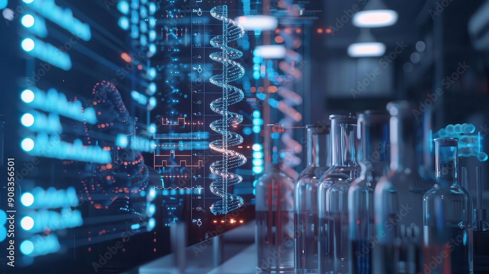 Detailed DNA test results, healthcare kit, side view, precise genetic information, futuristic tone, Monochromatic Color Scheme, copy space for text, Detailed DNA test results, healthcare kit, side view, precise genetic information, futuristic tone, Monochromatic Color Scheme, copy space for text,