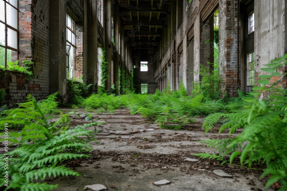 Interior of an abandoned industrial building with overgrown ferns and plants, highlighting nature reclaiming the space with its vibrant greenery. Interior of an abandoned industrial building with overgrown ferns and plants, highlighting nature reclaiming the space with its vibrant greenery.