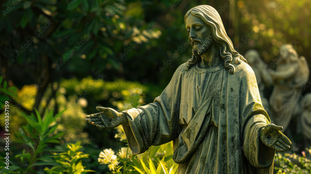 Fototapeta premium A beautifully crafted statue of Jesus Christ, standing with arms open in a welcoming gesture, in front of a backdrop of lush greenery and flowers symbolizing renewal and life