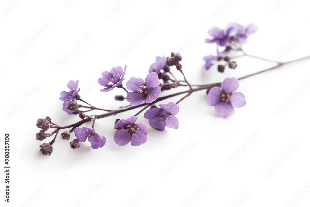 Delicate purple flowers on a stem isolated on a white background, displaying a graceful and subtle floral beauty. Delicate purple flowers on a stem isolated on a white background, displaying a graceful and subtle floral beauty.
