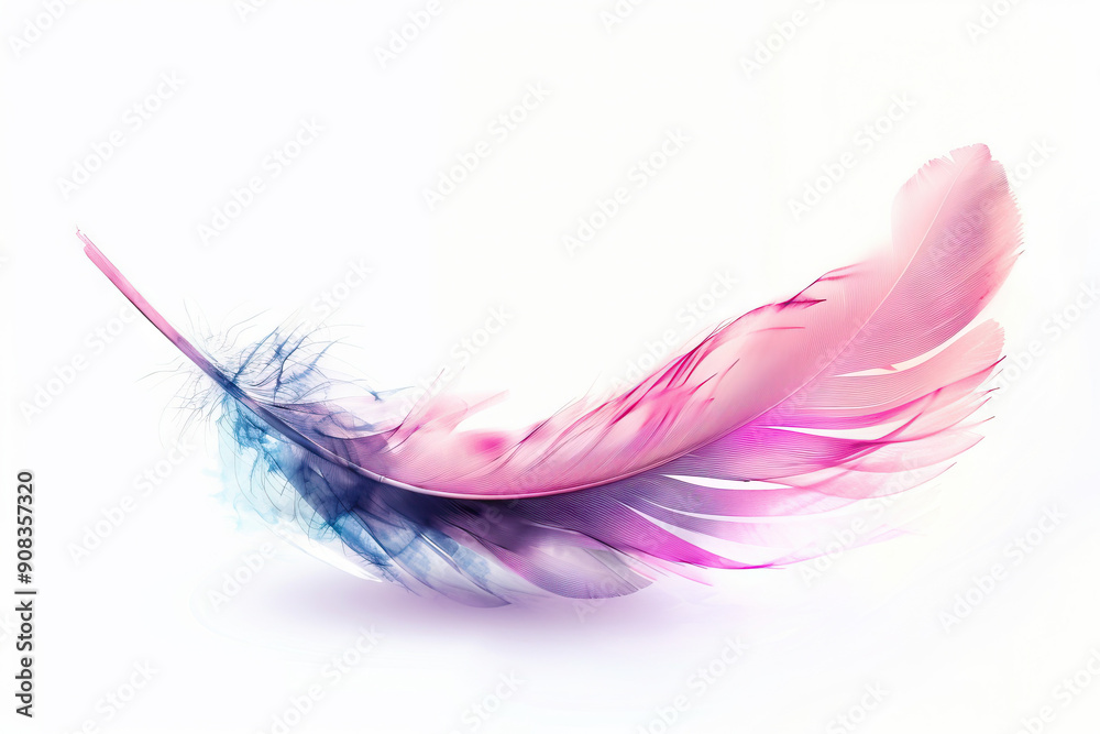 Soft multicolored feather floating gently against a white background, symbolizing lightness and ethereal beauty Soft multicolored feather floating gently against a white background, symbolizing lightness and ethereal beauty