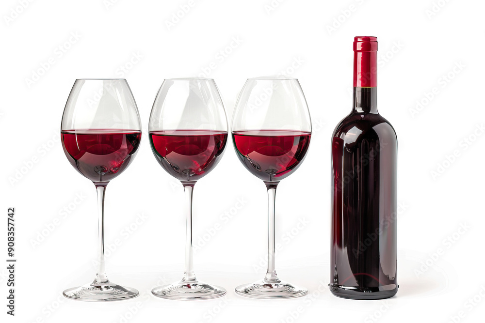 Elegant red wine setup with three glasses and a full bottle, isolated on white background, suitable for wine tasting events Elegant red wine setup with three glasses and a full bottle, isolated on white background, suitable for wine tasting events