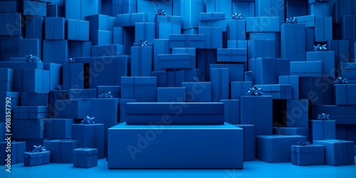 Futuristic Blue Tech Gift Boxes with Sleek Product Display Platform: Innovative 3D Rendering for High-Tech Marketing, Showcasing Cutting-Edge Packaging and Premium Presentation Space in Abstract Geome photo