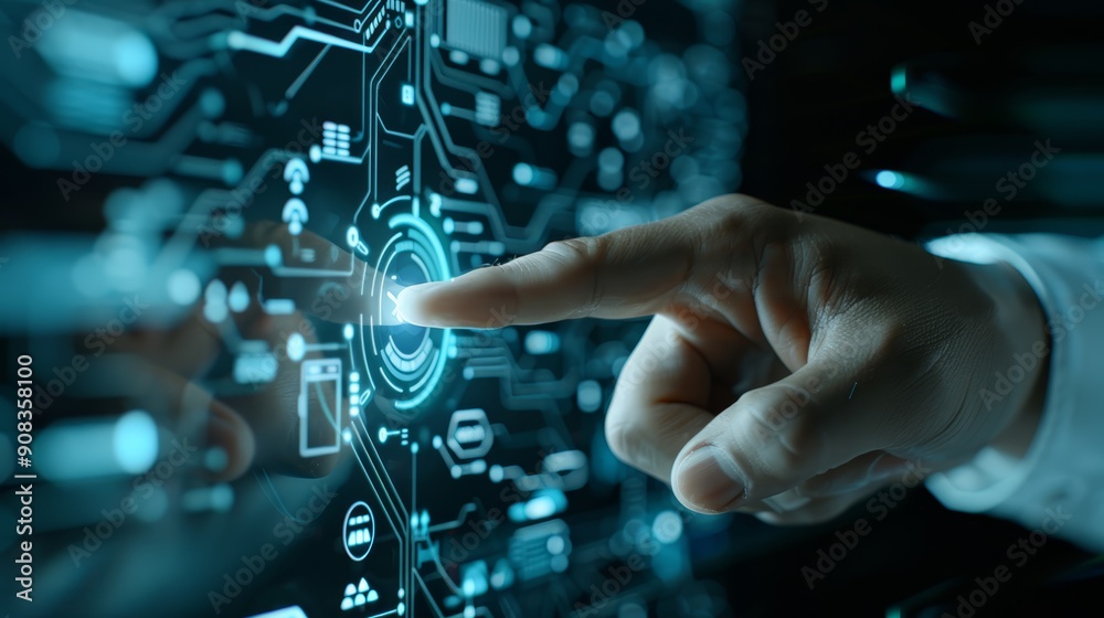Finger Touching Futuristic Digital Interface Finger Touching Futuristic Digital Interface