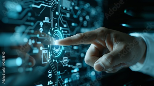 Finger Touching Futuristic Digital Interface