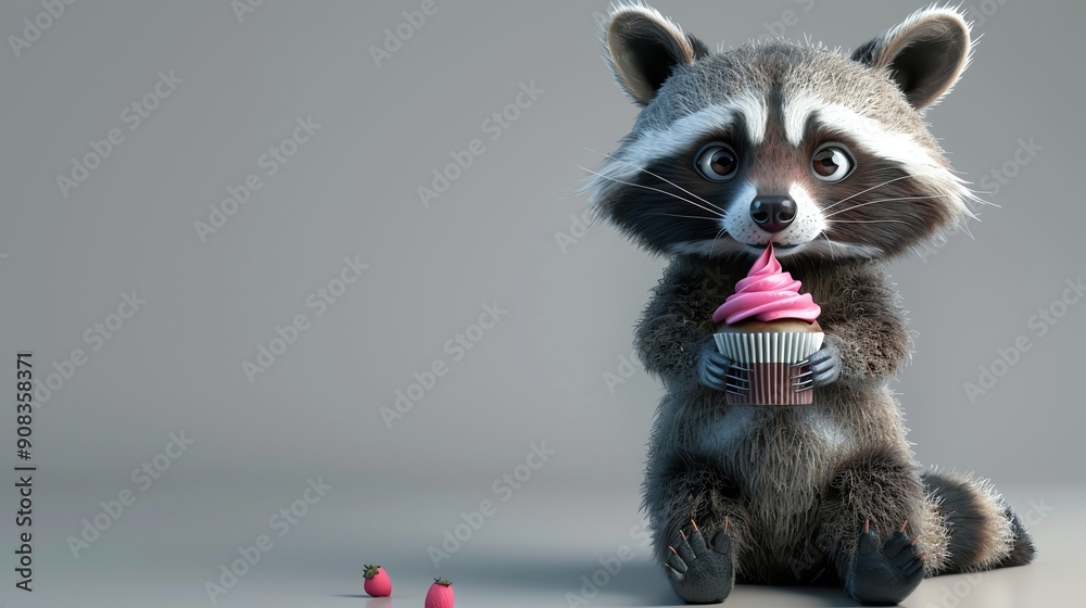 Obraz premium A cartoon raccoon holding a cupcake on a gray background.