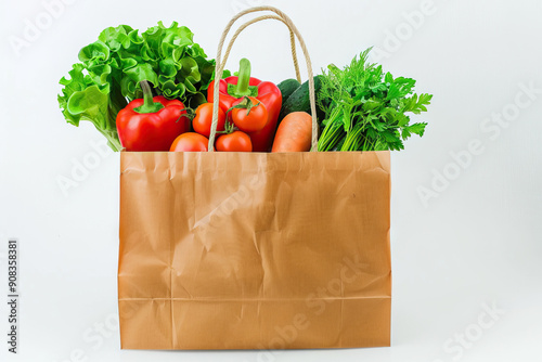 Paper grocery bag filled with fresh vegetables and greens, representing healthy lifestyle and eco-friendly shopping