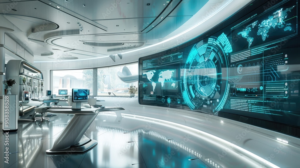 Fototapeta premium Office interior with a futuristic touch and digital displays