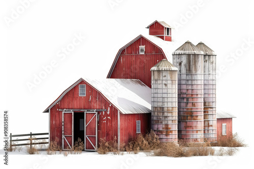 Traditional farm scene with red barns and silos isolated on a white background, embodying rural charm and agricultural heritage.