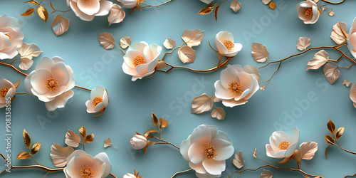 Seamless 3D White, Golden, Red, and Pink Autumn Flowers in Branches on a Light Background. Abstract Floral 3D Landscape Luxury Wall Sticker. HD Seamless Magnolia, Frangipani, Rose Flower Wallpaper.