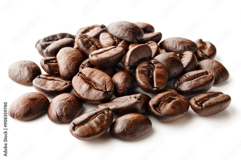 Close-up of roasted coffee beans isolated on white back Close-up of roasted coffee beans isolated on white back
