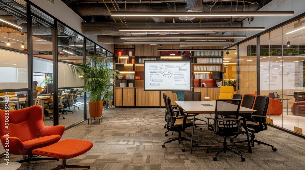 Naklejka premium Office space with ergonomic furniture and a smart whiteboard