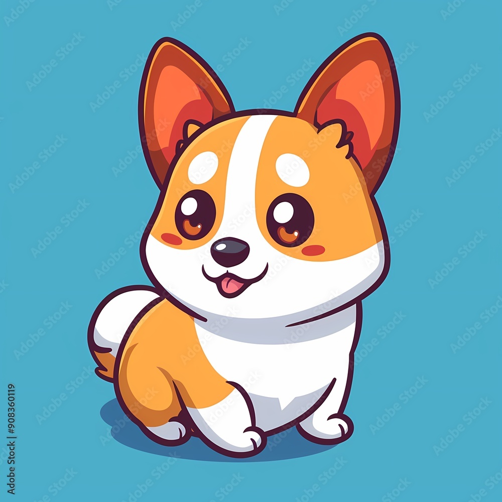 Fototapeta premium Cute cartoon corgi with bright eyes, sitting happily against a blue background.