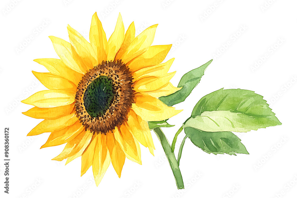 Naklejka premium A watercolor painting of a yellow sunflower with a green leaf