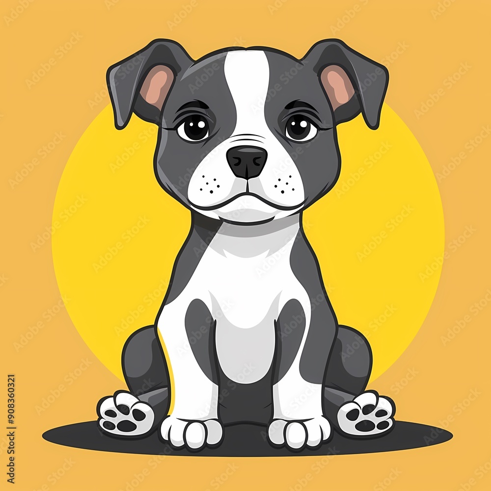 Fototapeta premium A cute gray and white puppy sitting proudly against a sunny yellow background.