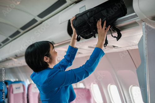 Flight attendant in blue uniform placing a bag in the overhead compartment inside an airplane cabin. photo