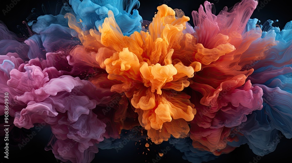 Obraz premium Abstract explosion of colors in paint splashes, isolated on black. Mixed liquid vivid flow, curved dynamic fluid for creative background - Generative AI 