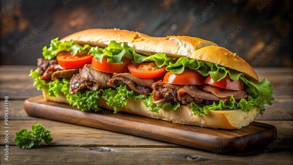 A Mouthwatering Beef Sub with Crisp Lettuce and Juicy Tomato - A Culinary Delight Generative AI A Mouthwatering Beef Sub with Crisp Lettuce and Juicy Tomato - A Culinary Delight Generative AI