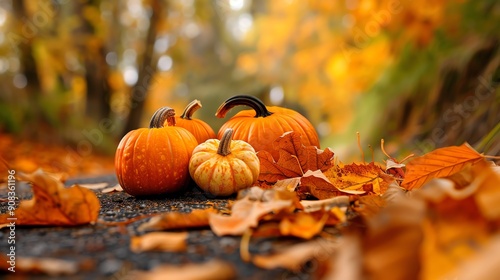 Pumpkins and leaves in an autumn setting.
