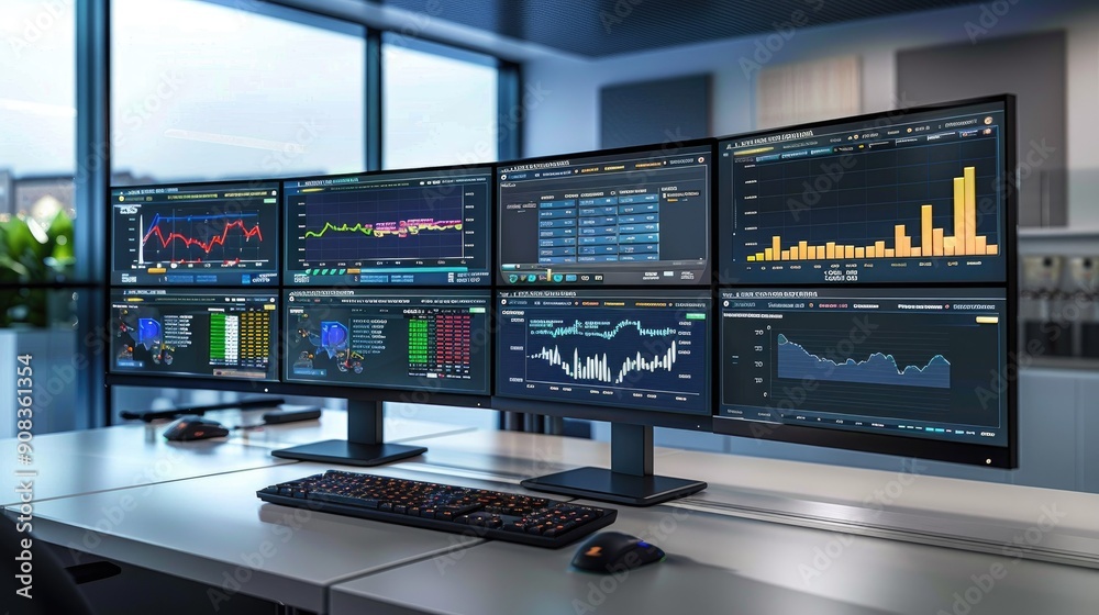 Sleek office workstation with multiple screens displaying data
