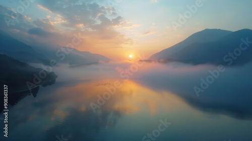 View of a lake in a mountain valley during a misty morning sunrise