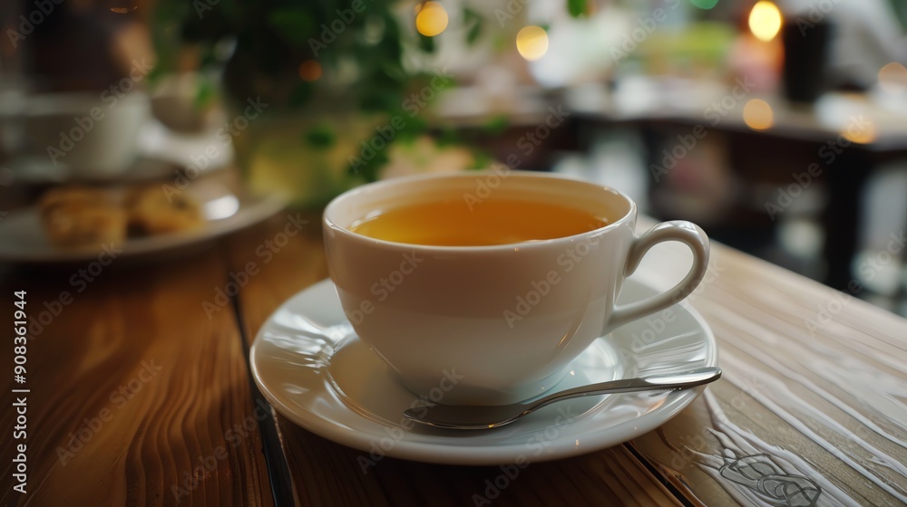 Fototapeta premium A cup of tea with a saucer and spoon on a wooden table.