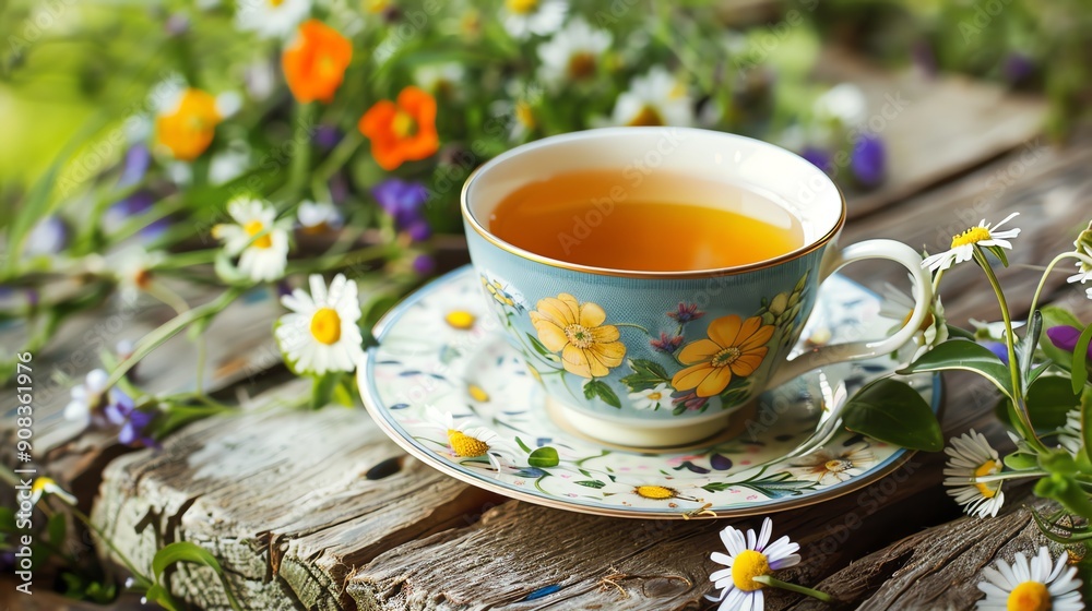 A floral teacup and saucer on a rustic wooden table, with chamomile flowers around it. A floral teacup and saucer on a rustic wooden table, with chamomile flowers around it.