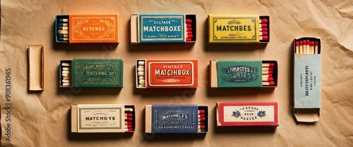 A vivid collection of vintage matchboxes arranged on aged paper