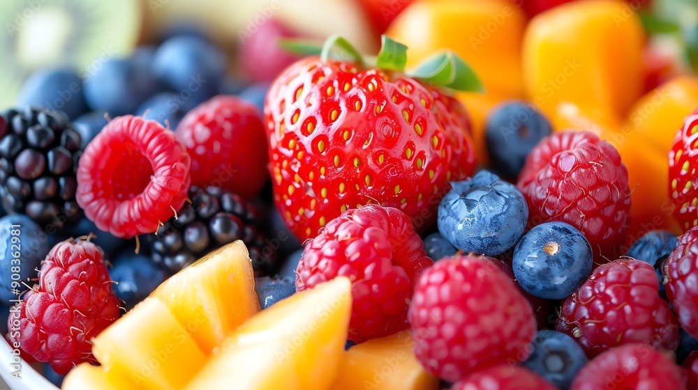 Close-up of a colorful fruit salad with strawberries, raspberries, blackberries, blueberries and melon. Close-up of a colorful fruit salad with strawberries, raspberries, blackberries, blueberries and melon.