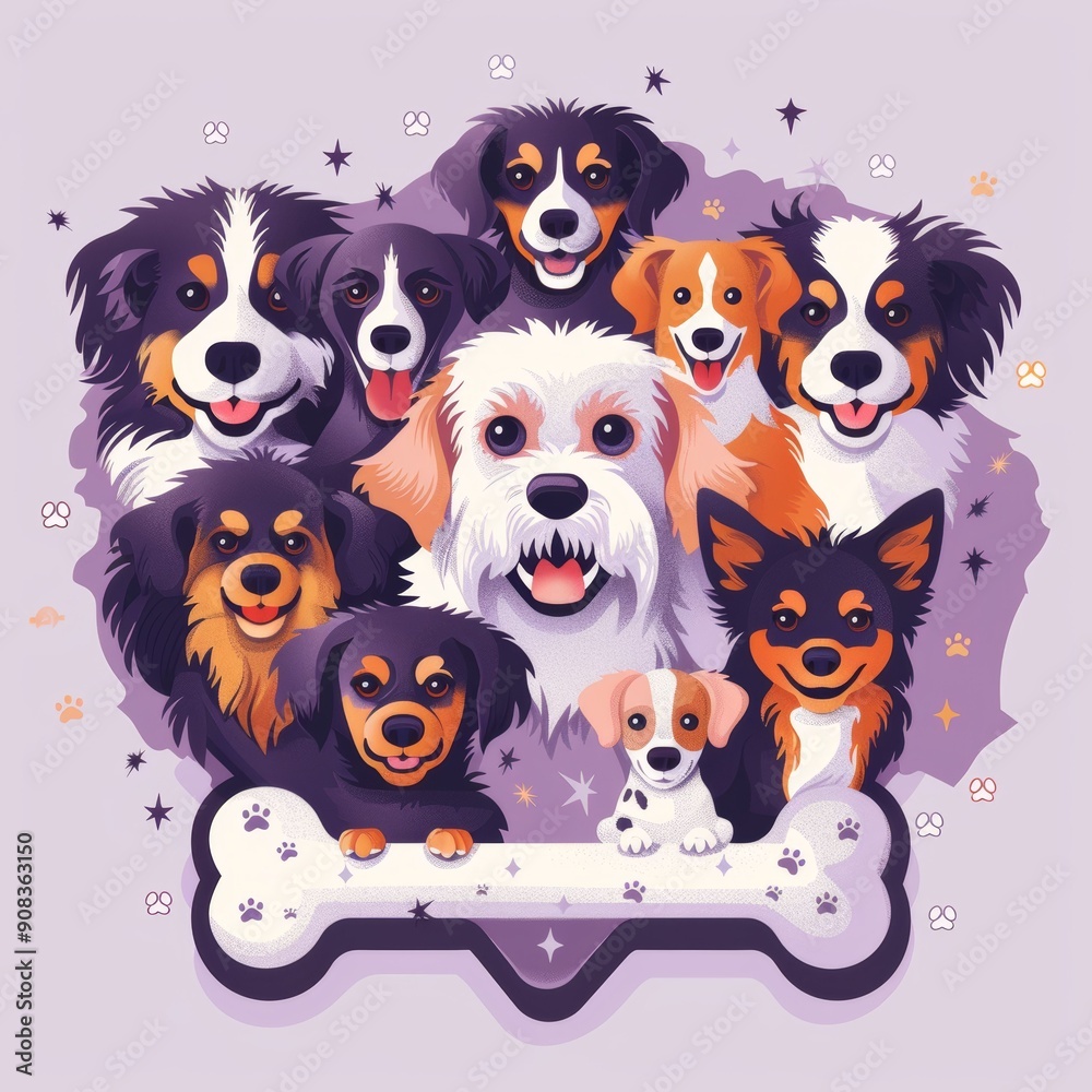 A vibrant illustration of ten happy dogs showcasing their playful personalities and diverse breeds against a purple background. A vibrant illustration of ten happy dogs showcasing their playful personalities and diverse breeds against a purple background.