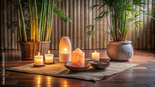 Serene atmospheric studio setup with dim lighting, Himalayan salt lamp, candles, bamboo mat, and minimalist props, evoking calming yin yoga energy and mindfulness. photo