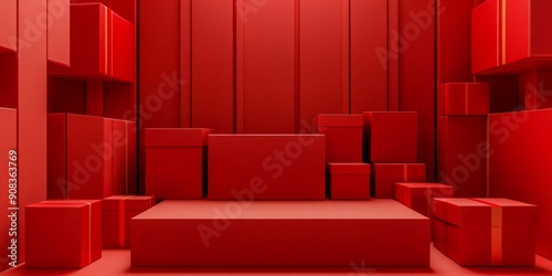 Festive Red Gift Boxes Backdrop with Futuristic Product Display Platform: Cutting-Edge 3D Rendering for Chinese New Year Marketing, Showcasing High-Tech Packaging and Premium Presentation Space in Abs