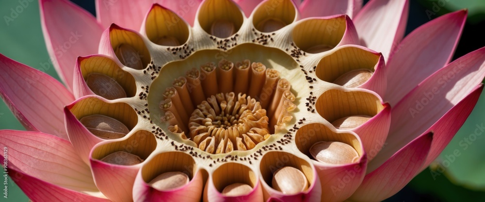 A stunning macro shot of a lotus seed pod, showcasing intricate natural patterns A stunning macro shot of a lotus seed pod, showcasing intricate natural patterns