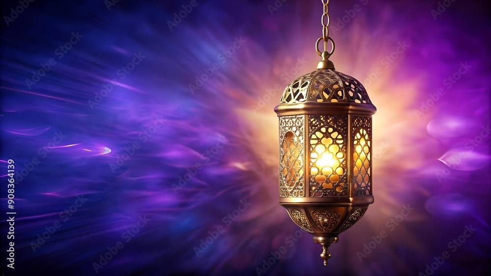 Golden Arabesque Lamp with Suspended Purple Light Generative AI Golden Arabesque Lamp with Suspended Purple Light Generative AI