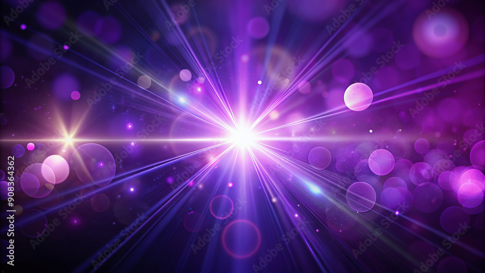Obraz premium Vibrant purple hues radiate from a lens flare, surrounded by subtle bokeh, creating a mesmerizing, abstract, and bold visual effect against a dark background.