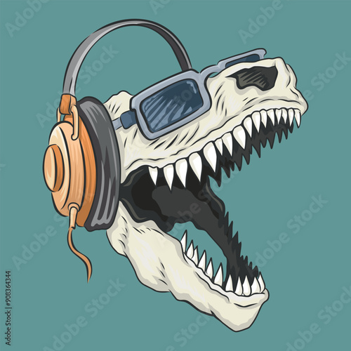 Vector illustration, in bare lines, of a Tyrannosaurus Rex head fossil with sunglasses and headphones. Cartoon style art.