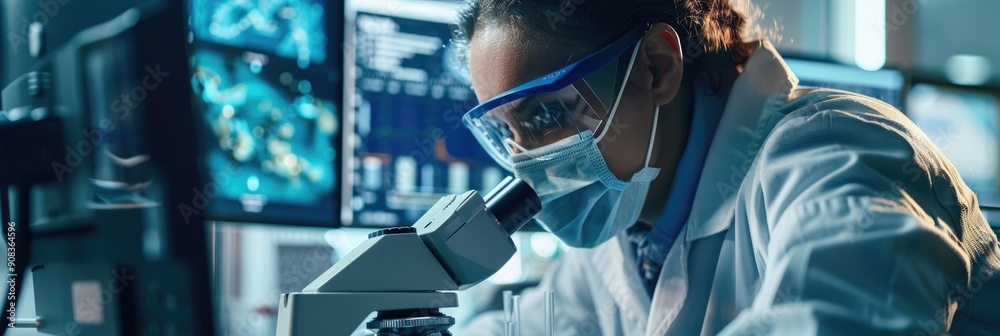 Focused young laboratory researcher wearing goggles and a mask analyzing a sample through a microscope in front of a computer monitor