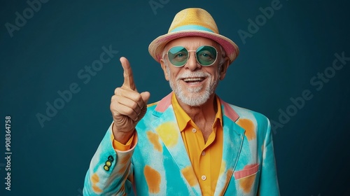 Funky Senior Style: A vibrant senior gentleman with a bright personality, sporting a colorful patterned jacket, hat, and sunglasses, points a finger towards the viewer photo