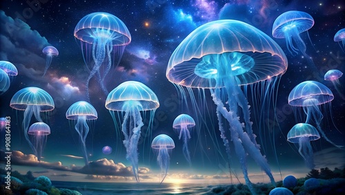 Celestial Glow: A Symphony of Bioluminescent Jellyfish in a Midnight Sky  AI Generated photo