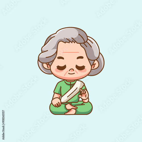 Cute india grandma meditation yoga kawaii chibi character mascot illustration outline style design