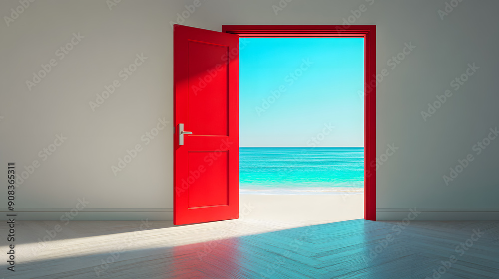 Bright red door opens to reveal a stunning ocean view in this minimalist contemporary interior design  The contrast between the bold color and clean