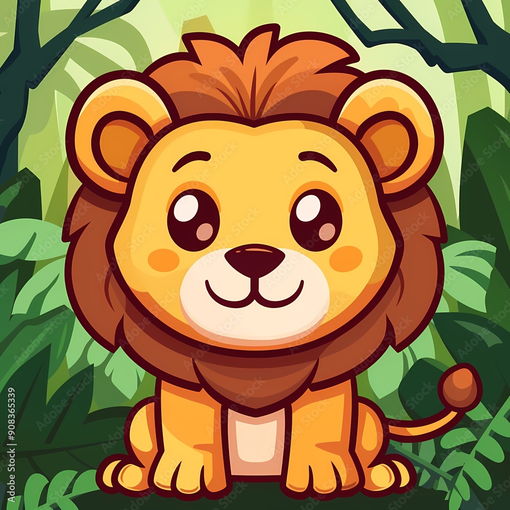Obraz premium Cute cartoon lion in a jungle setting featuring vibrant greenery.
