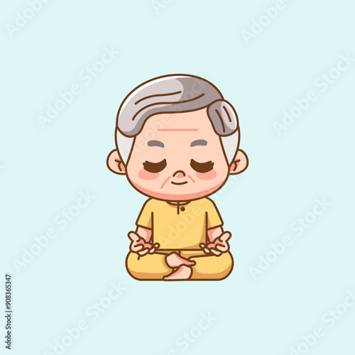 Cute grandpa meditation yoga kawaii chibi character mascot illustration outline style design