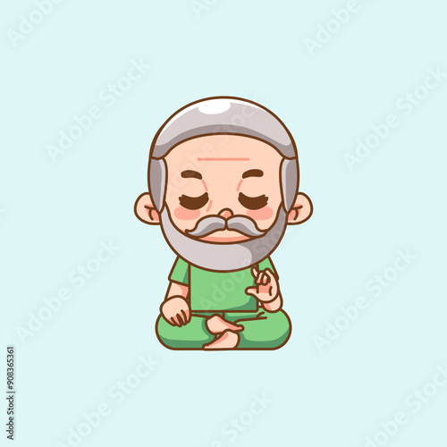 Cute india grandpa meditation yoga kawaii chibi character mascot illustration outline style