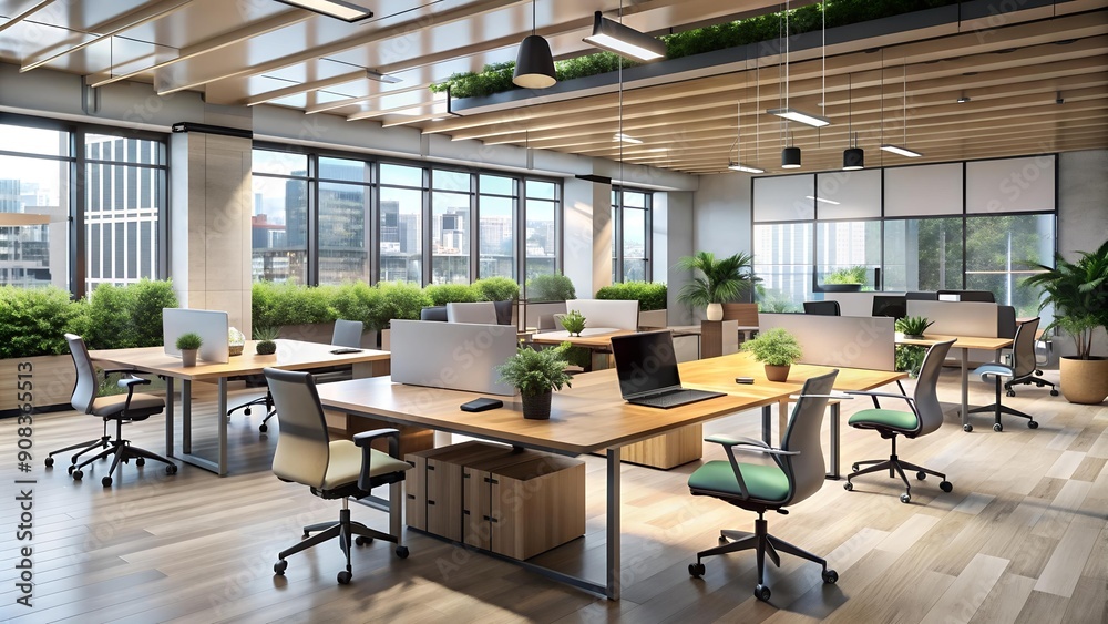 A Symphony of Spaces: An Open Floor Plan Office with a Variety of Workstations and Meeting Zones  generative AI