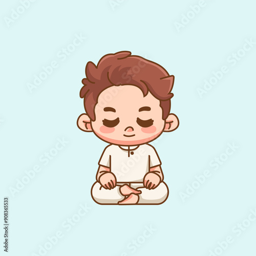 Cute man meditation yoga kawaii chibi character mascot illustration outline style design